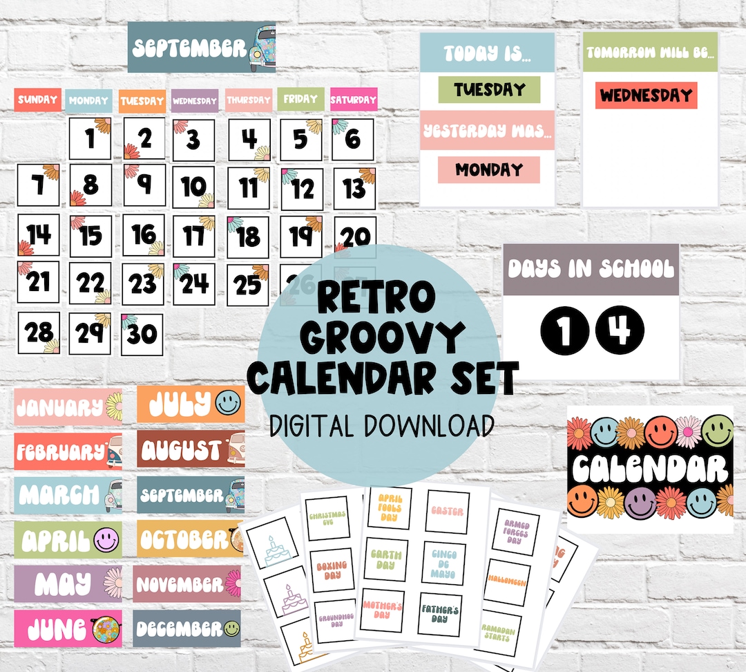 Retro Groovy Classroom Calendar Boho Retro Calendar Time DIGITAL