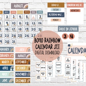 Boho Rainbow Classroom Calendar Set | DIGITAL DOWNLOAD | Modern Rainbow Pocket Chart Calendar | Earth Tone Pastel Neutral Calendar
