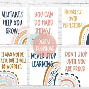 Boho Rainbow Growth Mindset Signs | DIGITAL DOWNLOAD | Modern Rainbow Motivational Posters | Boho Rainbow Theme Classroom