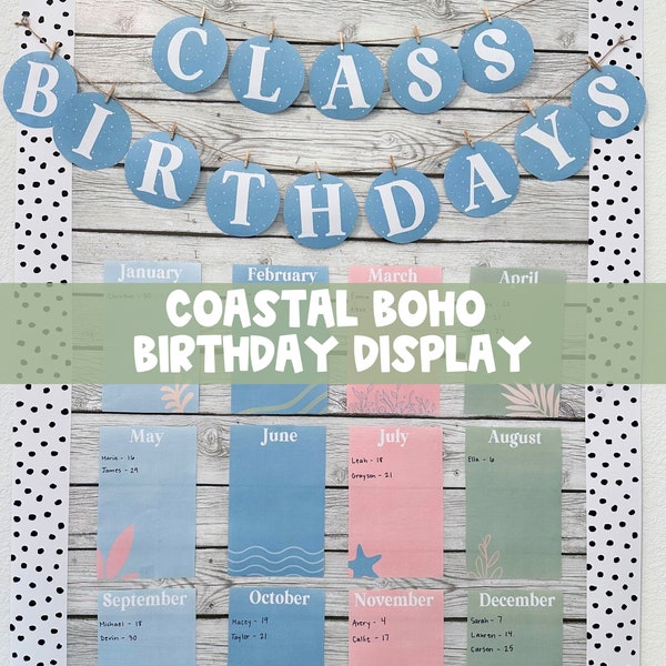 Coastal Boho Theme Birthday Display | Calm Ocean Printable Birthday Chart | Classroom Birthday Display Birthday Board | Classroom Decor