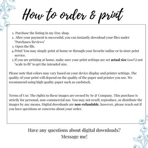 Op de afbeelding: Een witte achtergrond met zwarte tekst die uitlegt hoe je digitale downloads kunt bestellen en afdrukken vanuit een Etsy-winkel. De tekst bevat instructies over het downloaden, afdrukken en instellen van de afdrukinstellingen. Het bevat ook de gebruiksvoorwaarden voor de digitale downloads, waarin staat dat ze alleen voor persoonlijk, niet-commercieel gebruik zijn en niet restitueerbaar zijn.