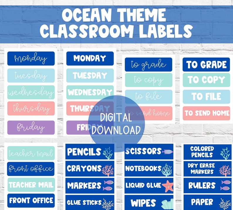Classroom Labels: Ocean Theme DIGITAL DOWNLOAD Supply Drawer Labels Days of the Week Labels Under The Sea Ocean Classroom image 1