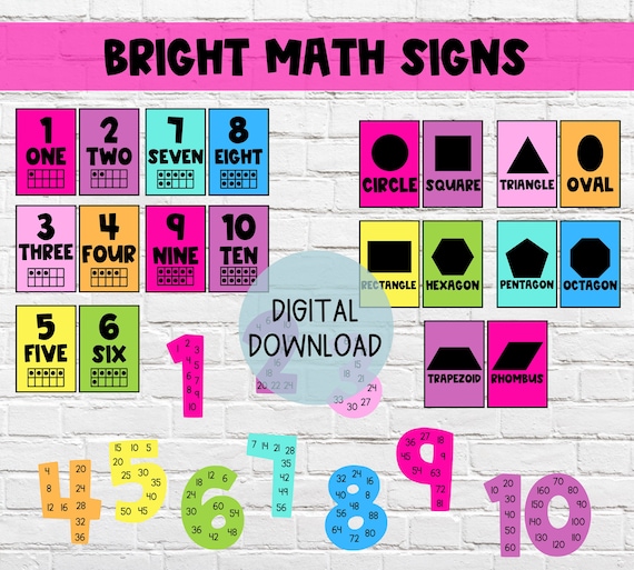 Bright Elementary Math Signs | Classroom Brights Math Posters | DIGITAL DOWNLOAD | Skip Counting Numbers | 2D Shape Posters | Number Posters