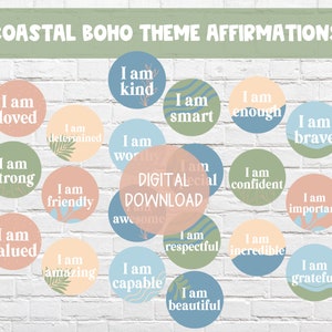Küsten Boho Positive Affirmationen | Beruhigende Ozean Thema Affirmationen | DIGITALER DOWNLOAD | Klassenzimmer Positive Nachrichten | Ich bin Spiegel