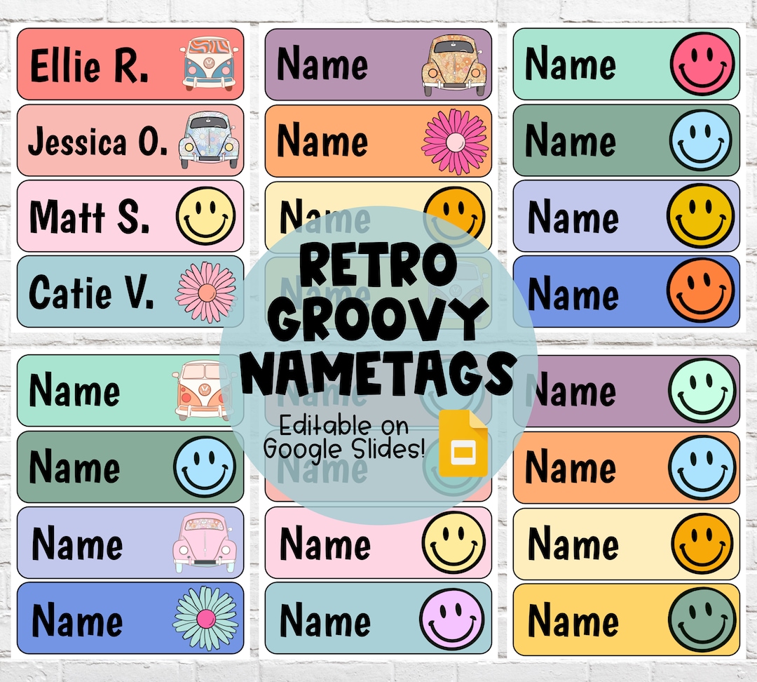 Retro Groovy Nametags | EDITABLE on Google Slides | DIGITAL DOWNLOAD