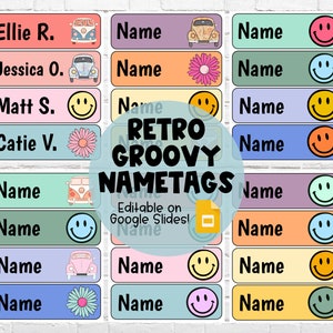 Retro Groovy Nametags | EDITABLE on Google Slides | DIGITAL DOWNLOAD | Smiley Face Name Tags | Boho Retro Name Tags | Groovy Classroom Decor