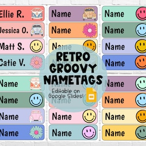 Retro Groovy Nametags | EDITABLE on Google Slides | DIGITAL DOWNLOAD | Smiley Face Name Tags | Boho Retro Name Tags | Groovy Classroom Decor