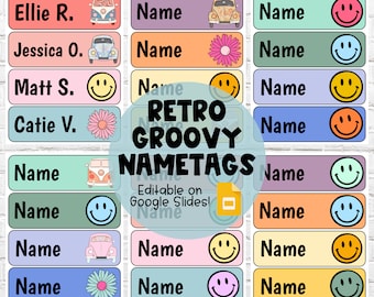 Retro Groovy Nametags | EDITABLE on Google Slides | DIGITAL DOWNLOAD | Smiley Face Name Tags | Boho Retro Name Tags | Groovy Classroom Decor