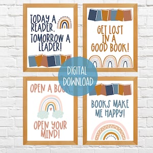 Boho Rainbow Library Signs | Classroom Library Quotes | Today A Reader Tomorrow A Leader | Classroom Reading Sign | Boho Rainbow Theme Signs