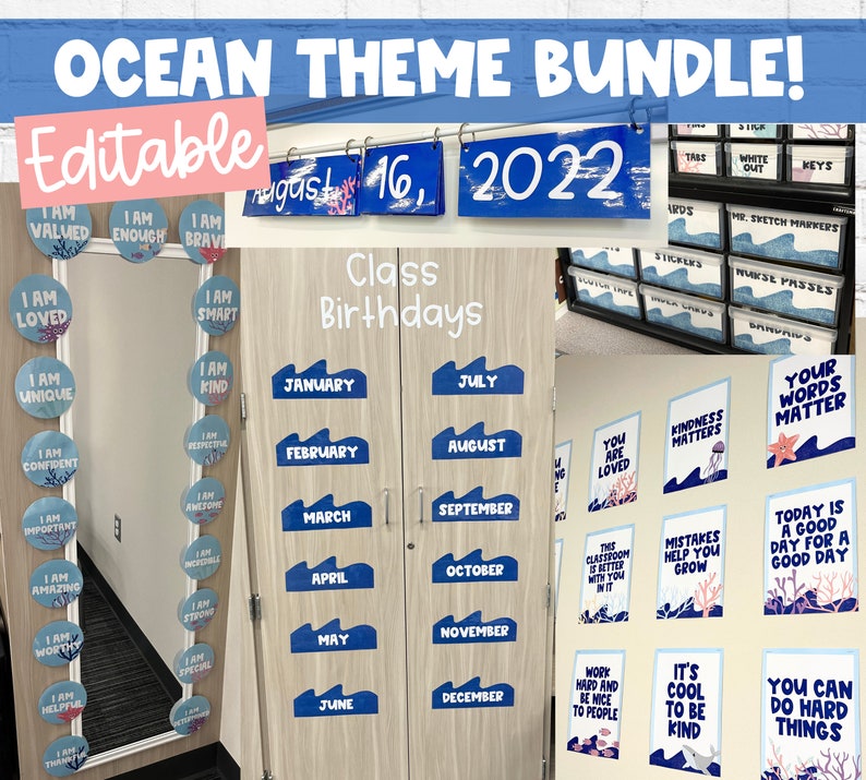 Ocean Theme Classroom BUNDLE Editable on Canva Digital Download Modern Ocean Theme Classroom Coastal Theme 2023 Classroom image 2