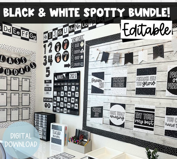 Black & White Spotty Theme BUNDLE! | Editable | DIGITAL DOWNLOAD | Printable Classroom Decor | Spotty Black and White Theme Classroom Bundle
