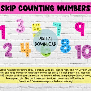 Op de afbeelding: Kleurrijke, afdrukbare skip-counting-nummerkaarten voor kinderen. De kaarten tonen de nummers 1 tot en met 10, elk met een andere kleur en ontwerp. De kaarten zijn perfect om kinderen te leren skip-counten in 2en, 3en, 4en, 5en, 7en, 8en en 10en. De tekst "DIGITAAL DOWNLOADEN" is ook op de kaart opgenomen.