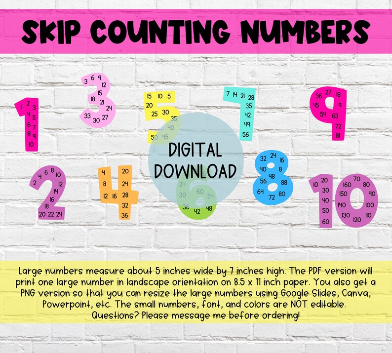 Op de afbeelding: Kleurrijke, afdrukbare skip-counting-nummerkaarten voor kinderen. De kaarten tonen de nummers 1 tot en met 10, elk met een andere kleur en ontwerp. De kaarten zijn perfect om kinderen te leren skip-counten in 2en, 3en, 4en, 5en, 7en, 8en en 10en. De tekst "DIGITAAL DOWNLOADEN" is ook op de kaart opgenomen.