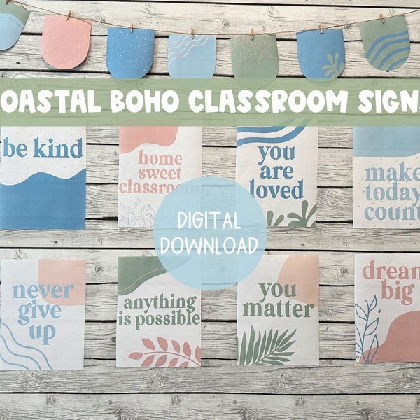 Coastal Boho Classroom Signs | DIGITAL DOWNLOAD | Beach Boho Classroom Motivational Posters | Nautical Theme Classroom Printables