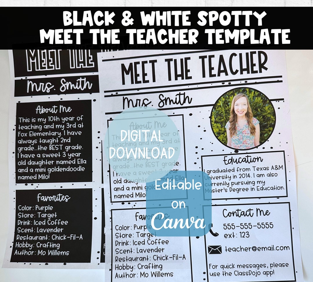Meet the Teacher Template: Black and White Spotty | Editable on Canva ...