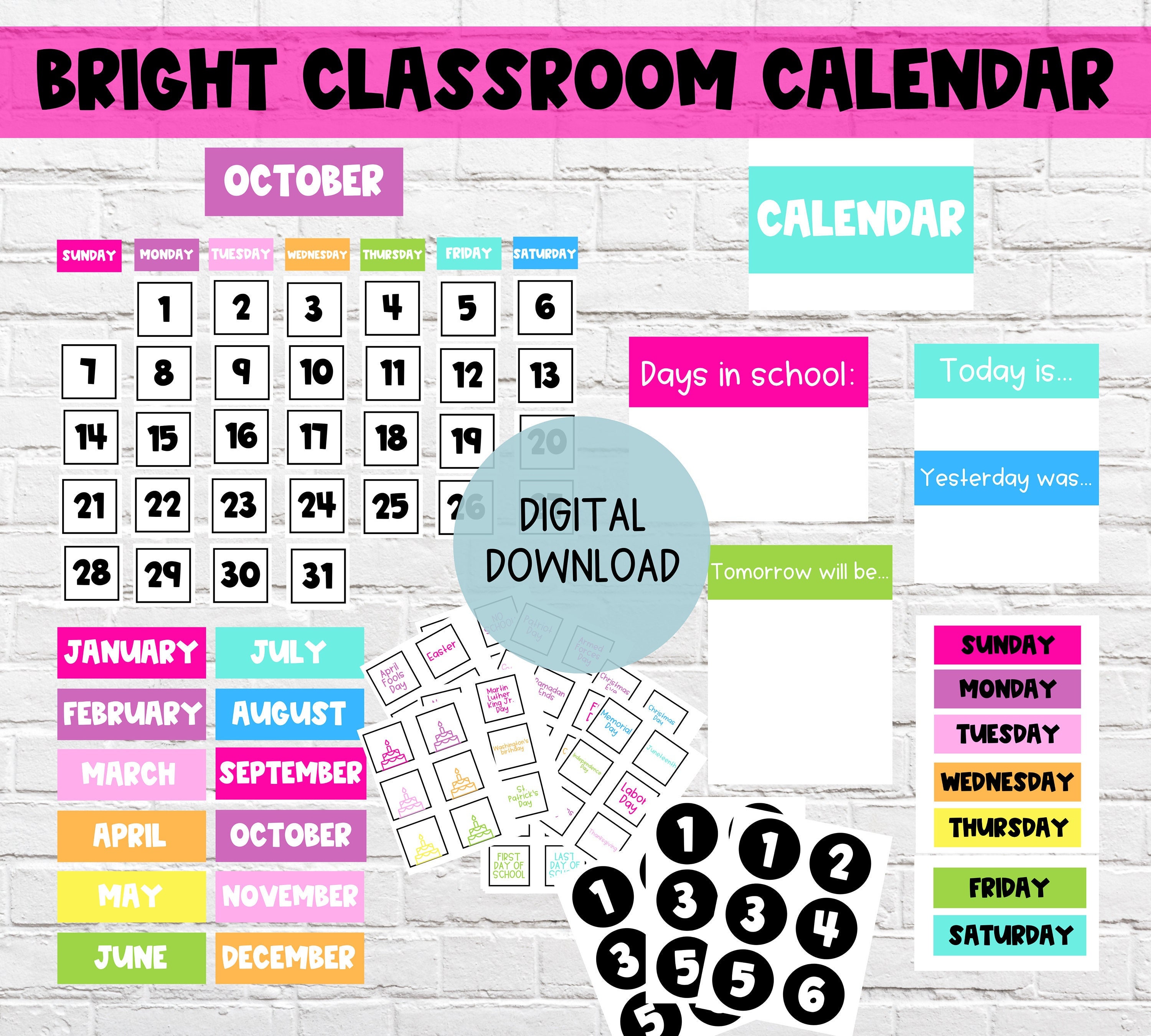 Bright Classroom Calendar DIGITAL DOWNLOAD Printable Etsy
