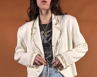 80s White and Gold Embroidered Strong Shoulder Slinky Blazer Jacket Size 12