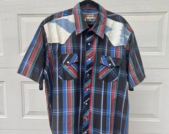 Reworked Vintage Plaid Western Shirt - Bleach Dyed Denim Shoulders, 3XL