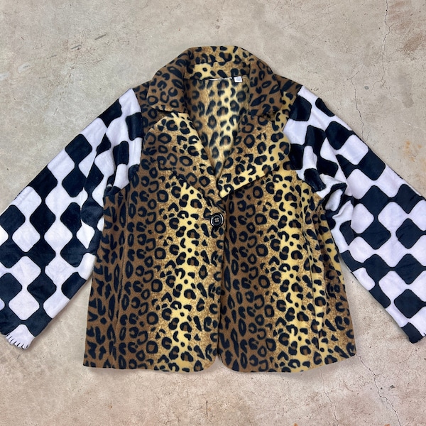 Leopard and Checkerboard Print Mixed Pattern Reworked Upcycled Fleece Soft Cozy Jacket - Size Medium