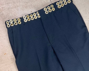 Reworked Vintage Double Grommet Gold Studded Waist Crop Pleated Black Trousers - 34" Waist