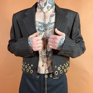 Reworked Vintage Pinstripe Raw Hem Crop Gold Grommet Studded Blazer Brown & Cream Size XL image 4