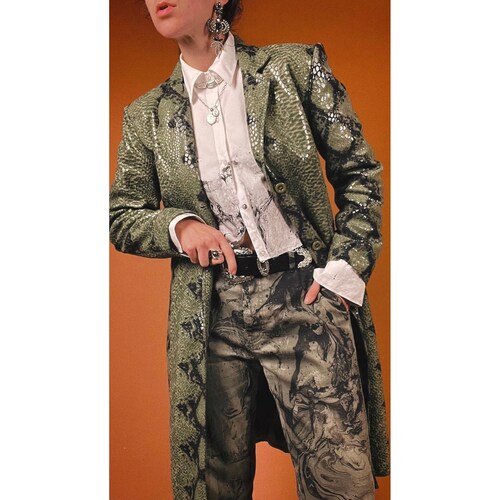 Black Painted Marbled Reworked Upcycled Slim Olive Edgy Streetwear Chino Pants Size L shops