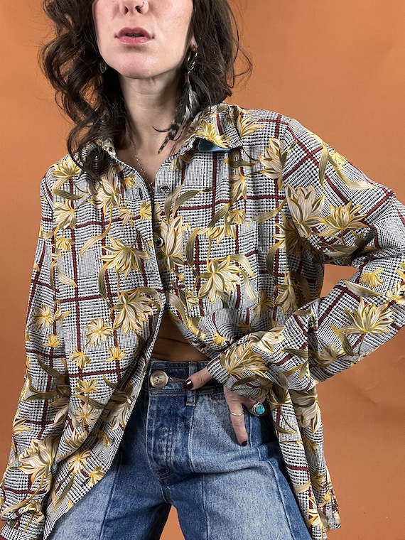 Plaid Button Front Blouse: Red Plaid main image 1