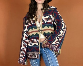 Handmade Southwest Print Sweater Blanket Cardigan Hook Closure With Fringe Bell Sleeves and Hem & Yin Yang Back Applique - Size Medium