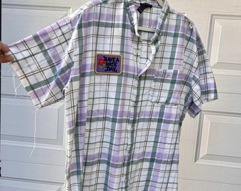 Reworked Plaid Short Sleeve Button Down with Patch - Medium