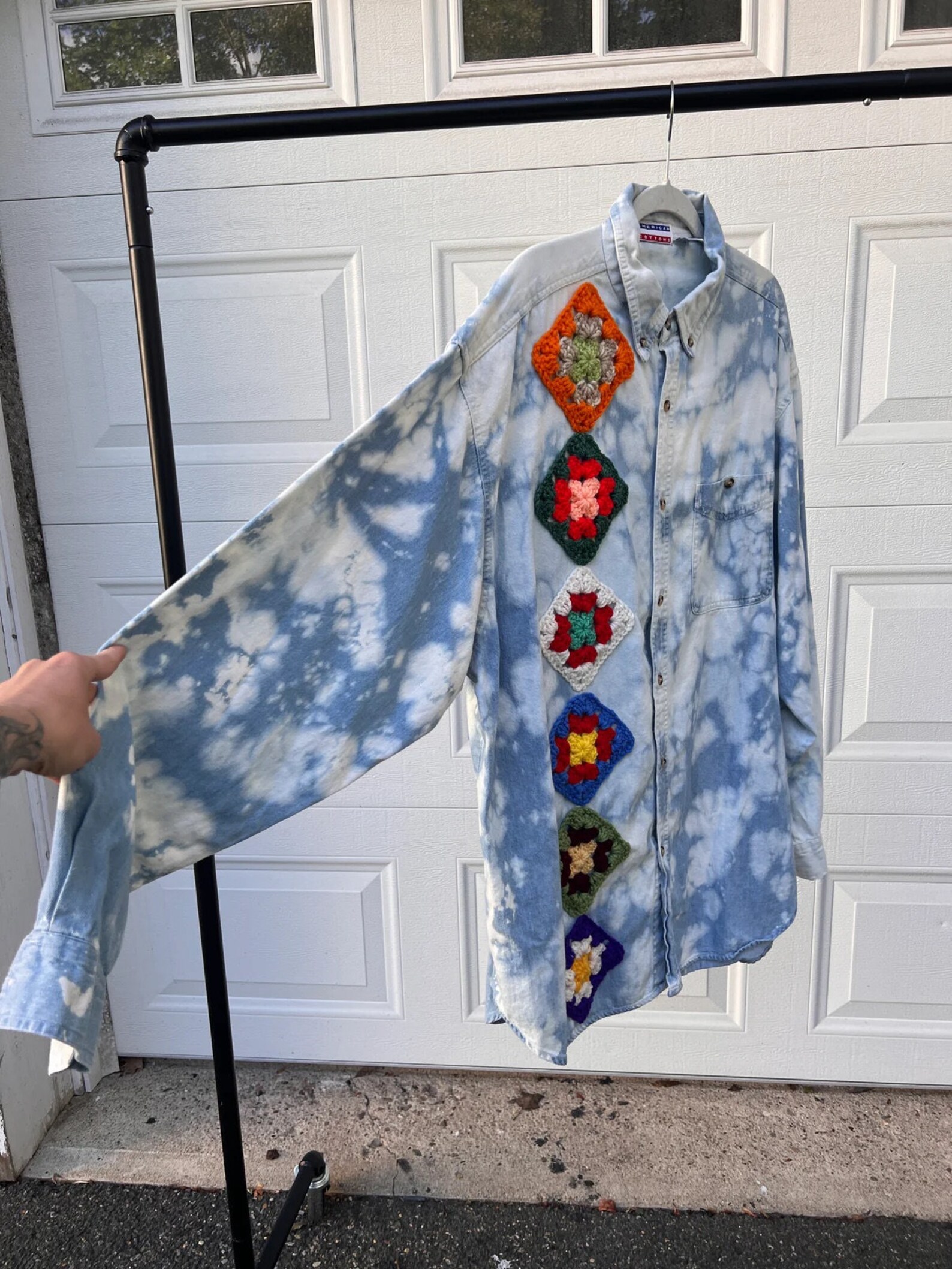 Reworked Vintage Denim Shirt Bleach Dyed Patchwork Crochet Colorful ...