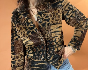 Vintage Fuzzy Mixed Animal Print Patchwork 90s Jacket