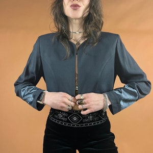 Vintage Rhinestone Detailed Dusty Blue Grey Bolero Shrug Jacket Cardigan Size 8