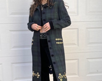 Reworked Vintage Plaid Gold Grommet Studded Long Length Blazer - Green & Navy- Size 14