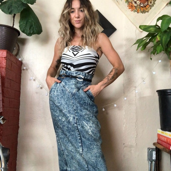 Vintage Acid Wash Denim Midi Skirt