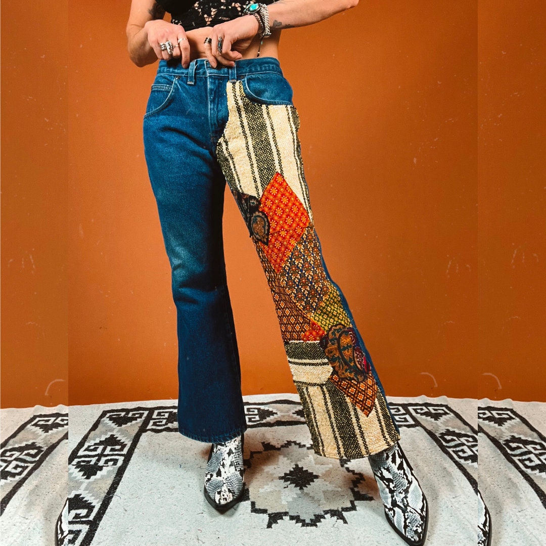 Reworked Vintage 60s 70s Retro Style Patchwork Flare Dark Wash