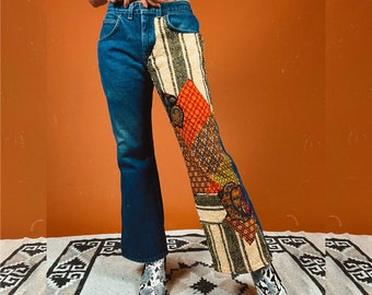 Reworked Vintage 60s 70s Retro Style Patchwork Flare Dark Wash Jeans - 32" Waist