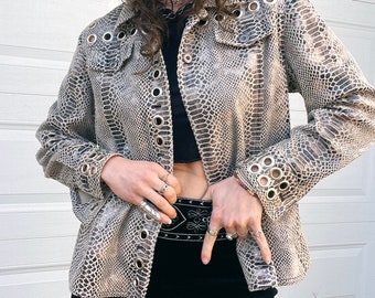 Reworked Snakeskin Printed Silver Grommet Studded Lightweight Jacket - Gray, White & Silver - Size 8 Petite