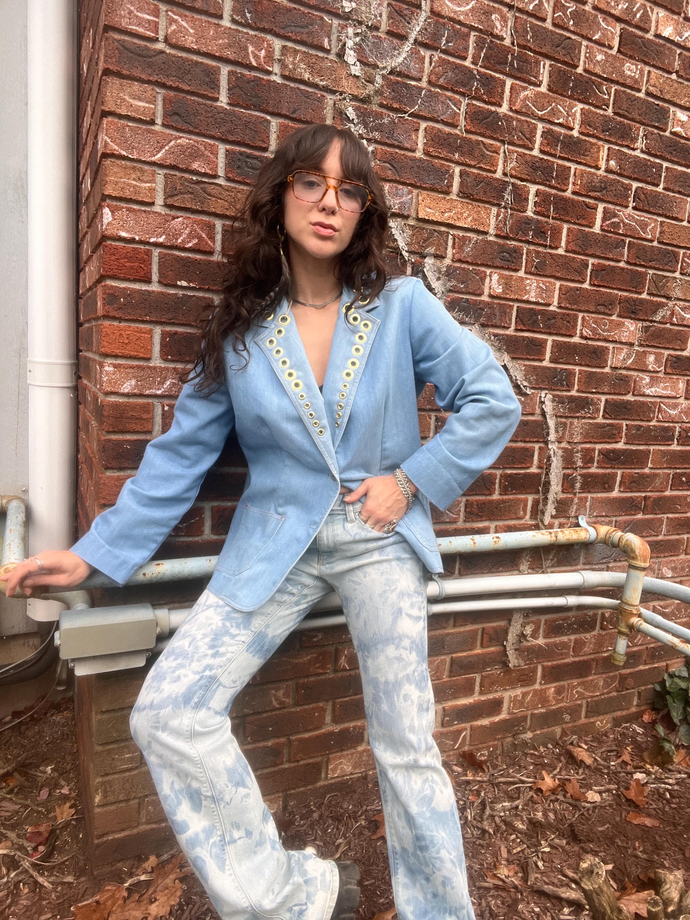 Reworked Vintage Light Wash Denim Gold Grommet Studded Blazer With Pockets- Size M/L
