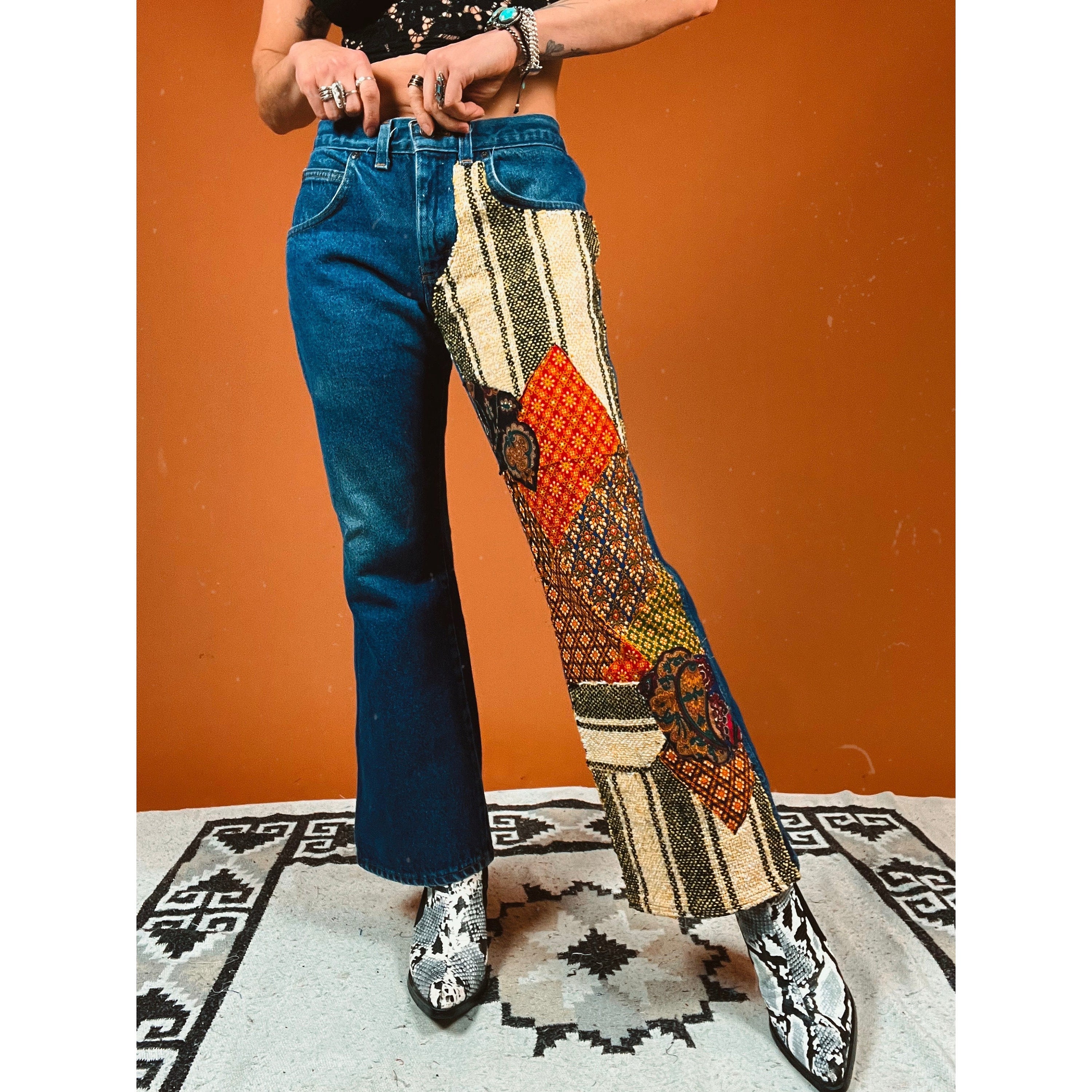 Reworked Vintage 60s 70s Retro Style Patchwork Flare Dark Wash