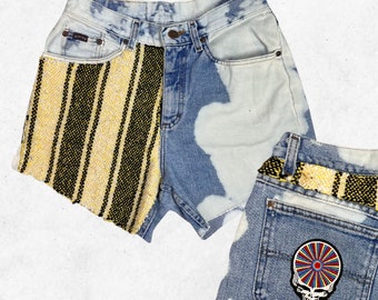 Upcycled Vintage Riders Bleached High Rise Denim Shorts With Baja Stripe Cut Off Wait 28"