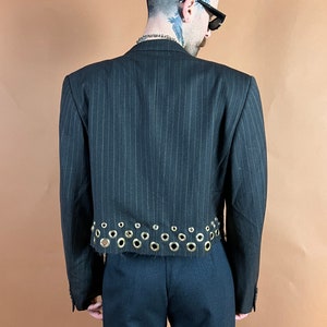 Reworked Vintage Pinstripe Raw Hem Crop Gold Grommet Studded Blazer Brown & Cream Size XL image 3