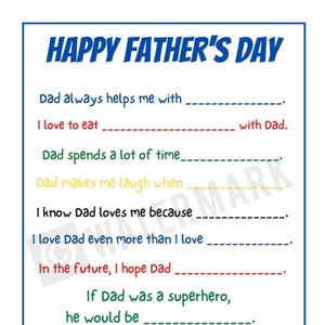 Father's Day PRINTABLE Gift from Kids - All About Dad gift for Father's Day  - Sunday School Dad Sheet - Dad Printable  Kids write about Dad