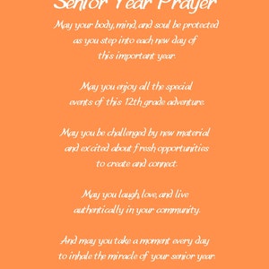May include: A motivational quote for seniors in high school. The text reads "Senior Year Prayer" and includes a prayer for a successful and meaningful senior year.