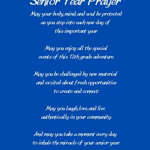 May include: A blue background with white text that reads "Senior Year Prayer". The text is a poem about the senior year of high school.