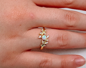 White Opal Ring | Moissanite Nature Ring | Leaf Ring | Opal Branch Ring | Vine Ring | Leaf Ring | Moissanite Promise Ring | Opal Bridal Ring