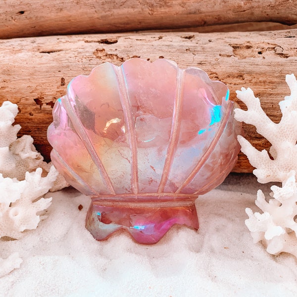 Quartz Scallop Shell | Clear Quartz Seashell | Seashell Carving | Crystal Seashell | Carved Seashell | Mermaid Decor Aura Quartz Carving
