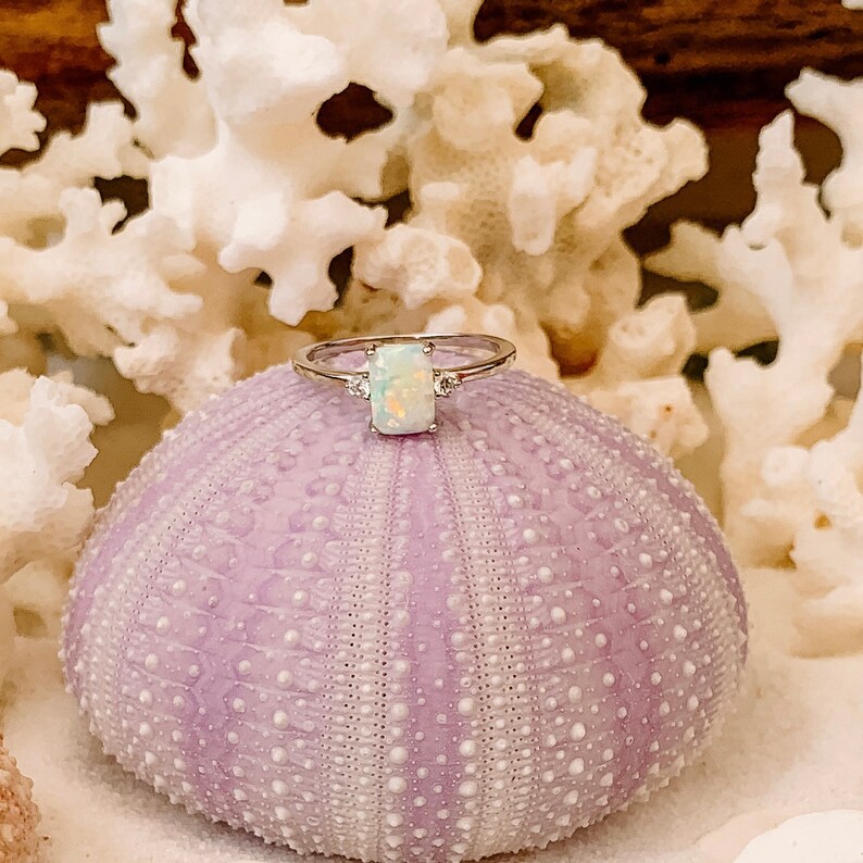 May include: A silver ring with a rectangular opal center stone and two smaller accent stones. The ring is displayed on a purple sea urchin shell, with white coral and a wooden background.