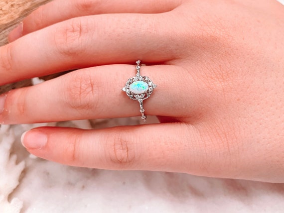 Bague Opale Et Diamants En Argent 925 - Style Victorien, Taille 6.5, Ajustable, Neuve