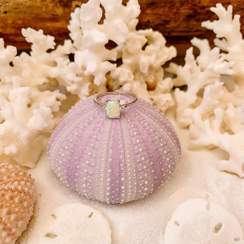 May include: A silver ring with a rectangular opal center stone and two smaller accent stones. The ring is displayed on a purple sea urchin shell, surrounded by white coral and sand, creating a beachy aesthetic.