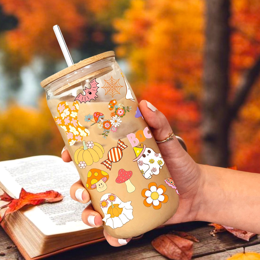 4x Halloween Glasbecher 473ml Mit Deckel - Geister Maus & Kürbis Design Mit Strohhalmen